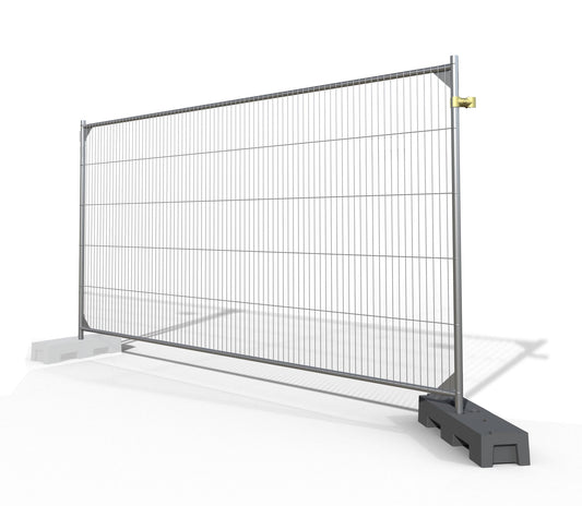 6.5' x 11.5' temporary fence panel kit with sturdy steel mesh, secured by heavy-duty blocks and clamps. Ideal for construction sites, events, and crowd control.