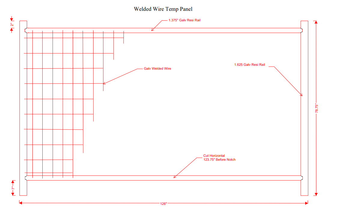 Technical drawing of a welded wire temporary fence panel with galvanized rails and welded wire mesh, detailing dimensions and construction specifications.