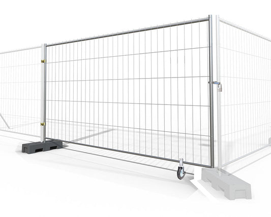 6x10 temporary fence gate kit featuring galvanized steel construction, a lockable latch, caster wheel for mobility, and durable base supports—ideal for construction sites, events, and crowd control.